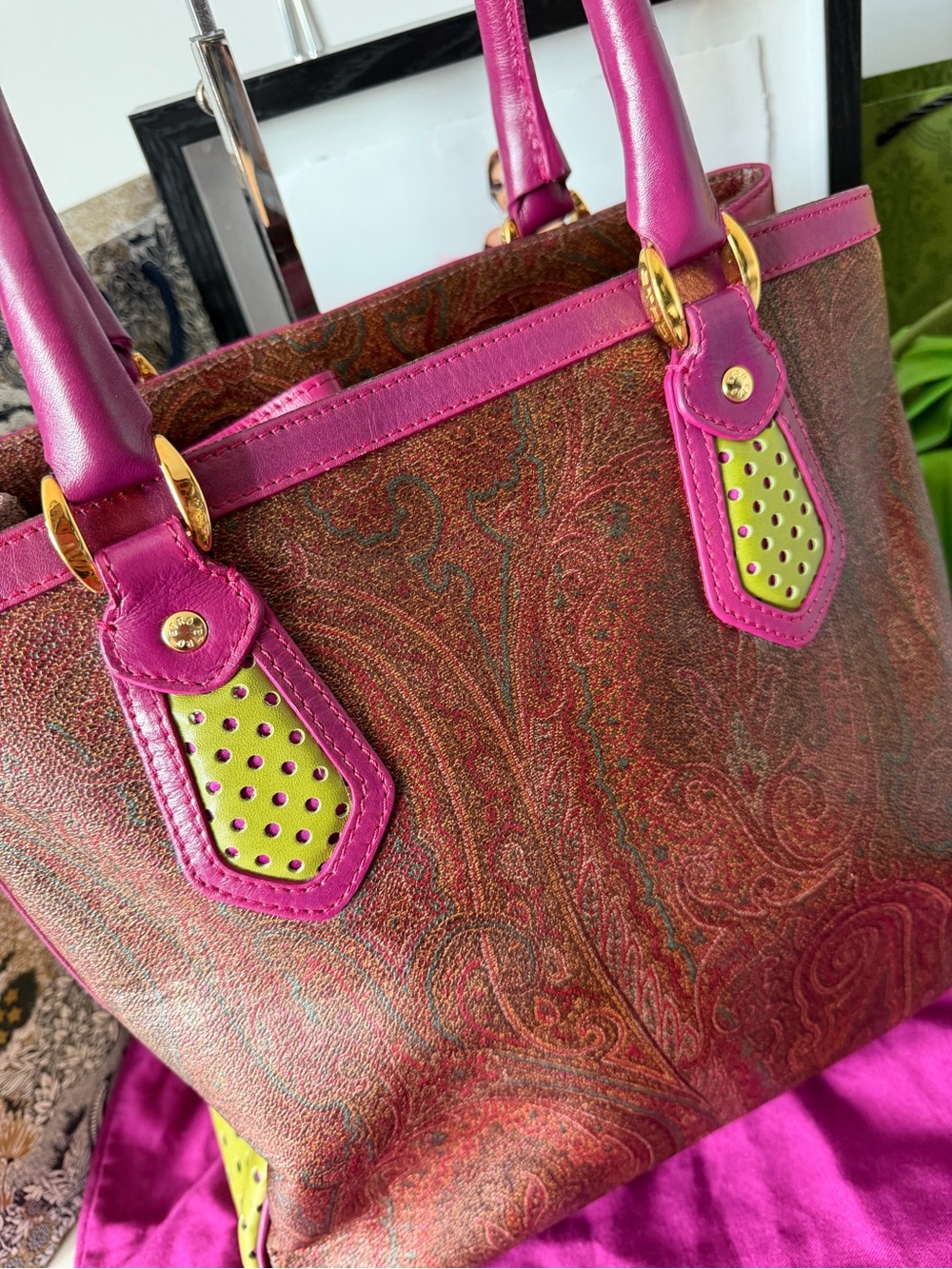 ETRO Paisley Leather Tote Bag Made in Italy Pink Green Dust Bag - Picture 2 of 11